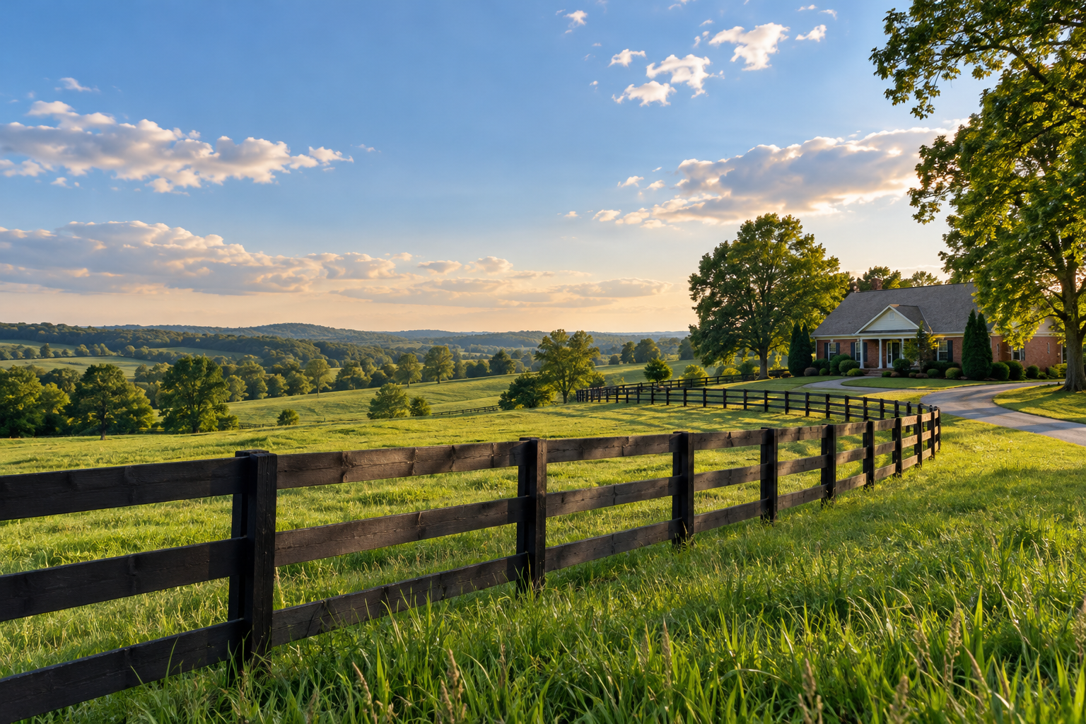 A Kentucky farmhouse and green pasture behind a wooden fence